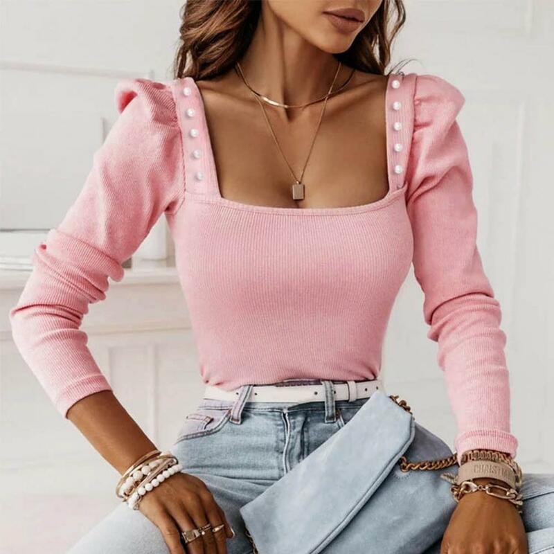 Polyester Fiber Women Top Stylish Women's Knitted Tops with Square Collar Faux Pearl Decor Long Sleeve Pullovers for Winter