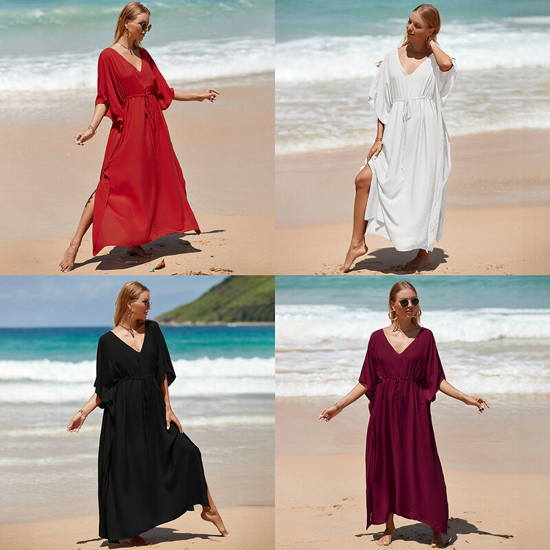 2023 Spring Summer Beach Smock Rayon Waist Drawstring Holiday Gown Bikini Sunscreen Shirt Women Beach Coat Wine Red