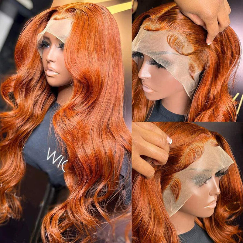 Pelucas frontales de encaje naranja jengibre 13x4, cabello humano prearrancado, onda corporal Invisible, cabello humano brasileño de color para mujeres negras