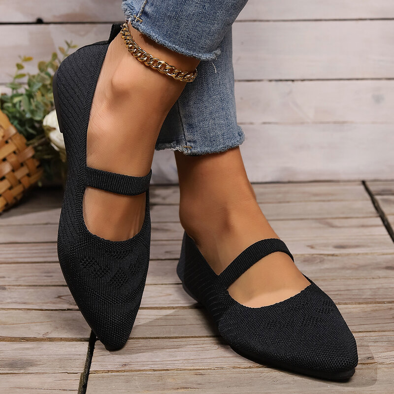 Women Pointed Toe Flat Shoes Solid Color Knitted Slip on Shoes Casual Breathable Ballet Flats Women Flat Shoes Loafers Women