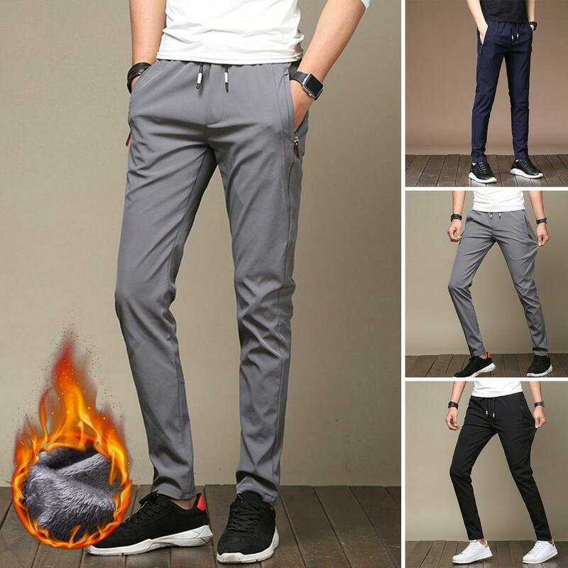 Men Trousers Solid Color Pocket Elastic Waist Plush Slim Fit Keep Warm Drawstring Mid Waist Men Sweatpants for Dating