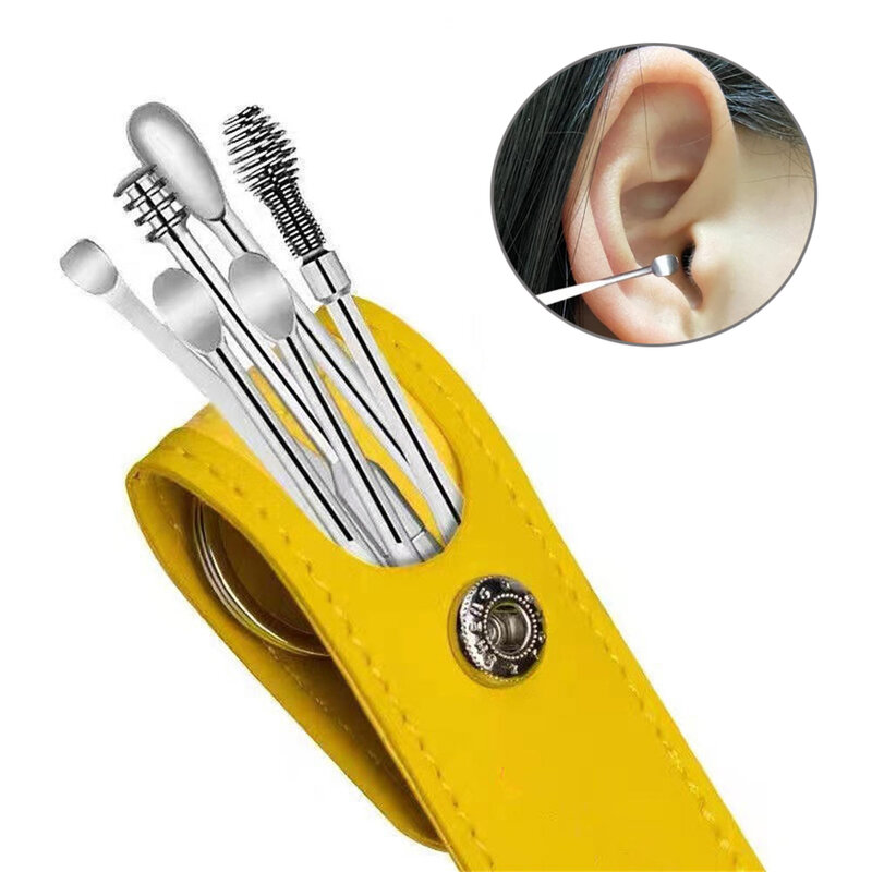 6 pz/set Set di detergenti per orecchie in acciaio inossidabile Earpick detergente per orecchie cucchiaio cura dell'orecchio strumento di pulizia Kit di rimozione cerume con borsa 360 °