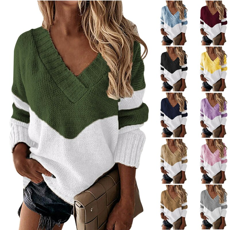 Women's Sweaters Spring Autumn V-neck Knitted Pullovers Loose Fashion Jumper ladies Striped Clashing Knitwears female 2023 new