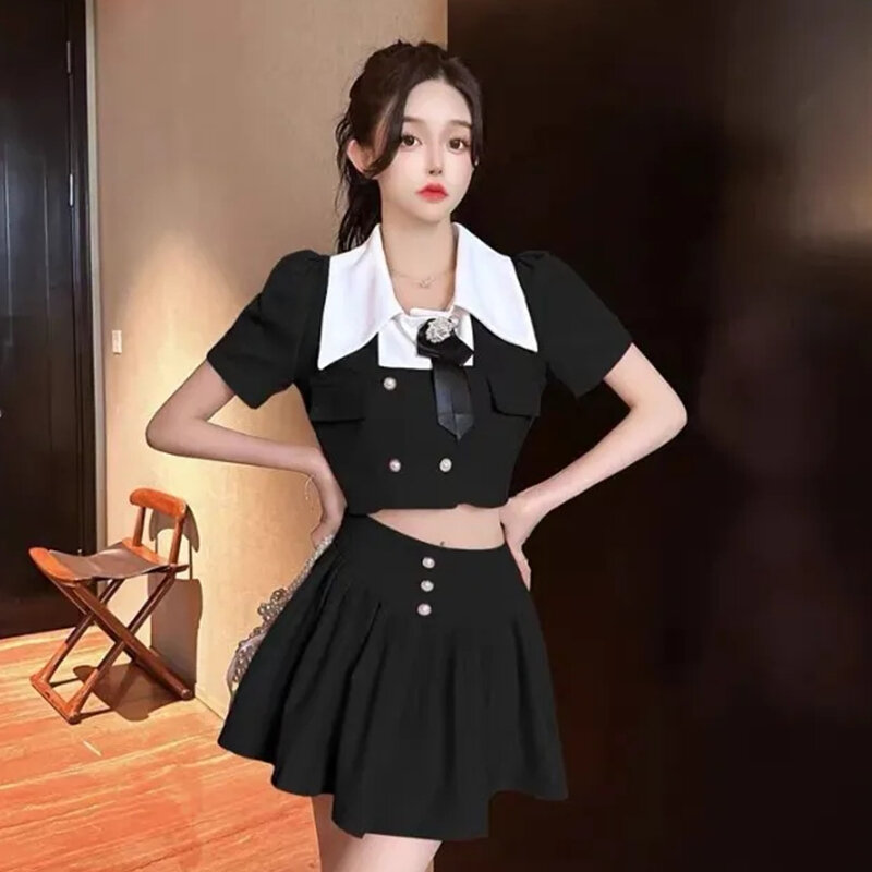 Vrouwen Lolita Stijl Roze Korte Shirts Mini Rokken Tweedelige Set Japan Koreaanse Zomer Broche Polo Tops Geplooide Rok Outfits 2024