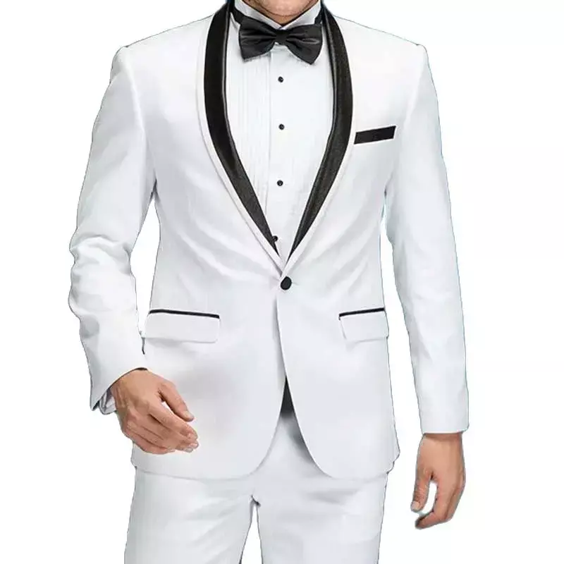 White Groom Tuxedos with Black Shawl Lapel Slim Fit Men Suits 2 Piece Male Jacket Pants Latest Coat Fashion Design