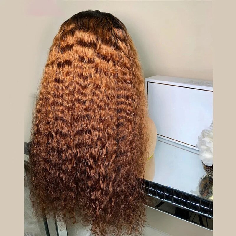 QW 1B/30 Ombre Brown Soft Preplucked Glueless 26inch Kinky Curly Lace Front Wig Synthetic Baby Hair Heat Resistant Daily