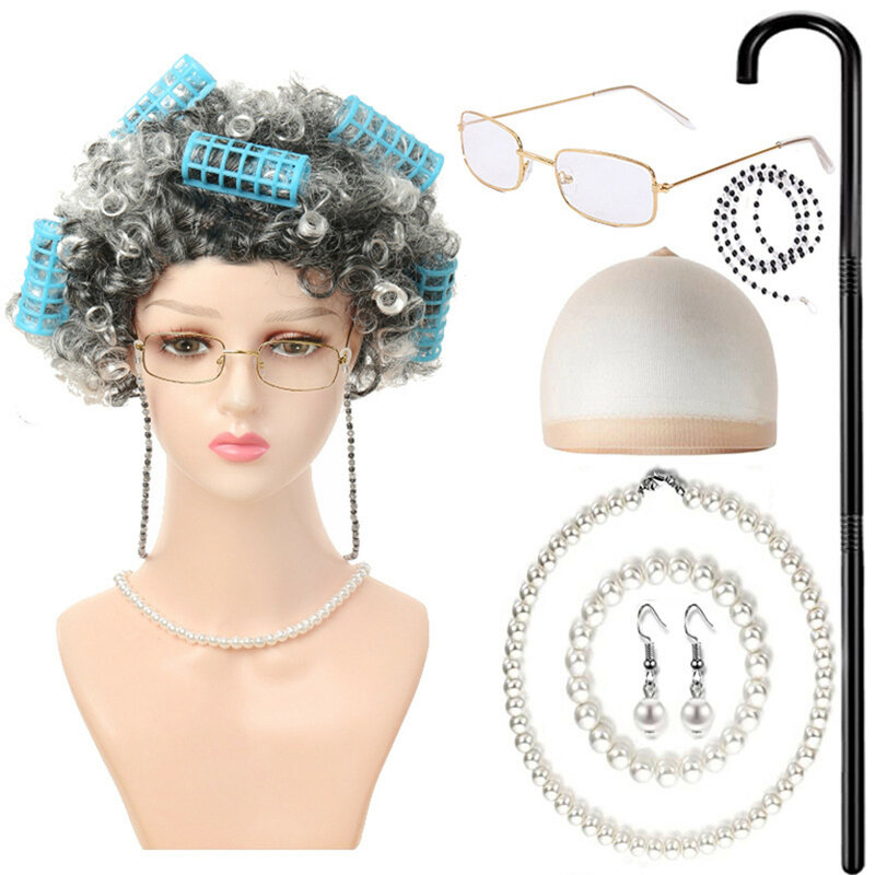 Набор из 9 предметов, парик на Хэллоуин для пожилых женщин, женские короткие вьющиеся волосы, женские серебристые и белые волосы для выступления, накидка на голову для пожилых бабушек