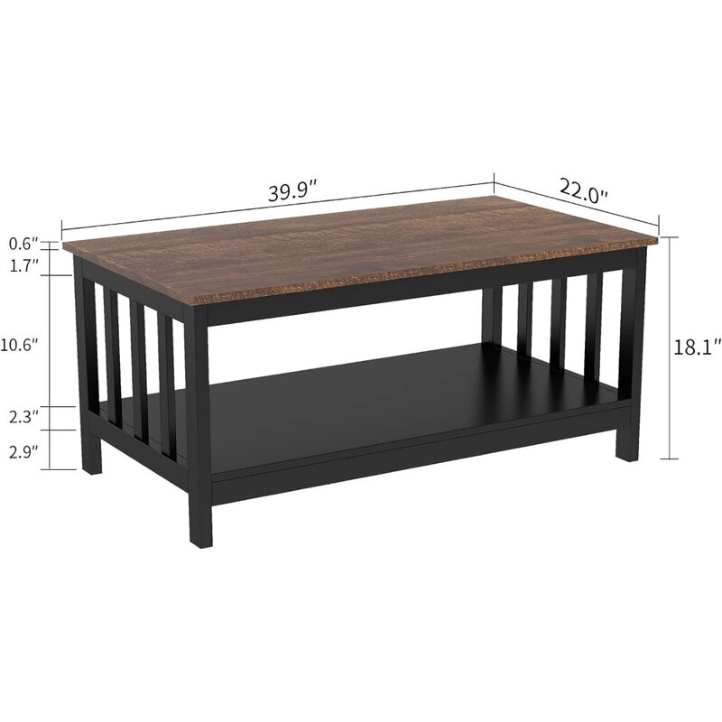 Farmhouse Coffee Table, Black Living Room Table with Shelf, 40 Inch