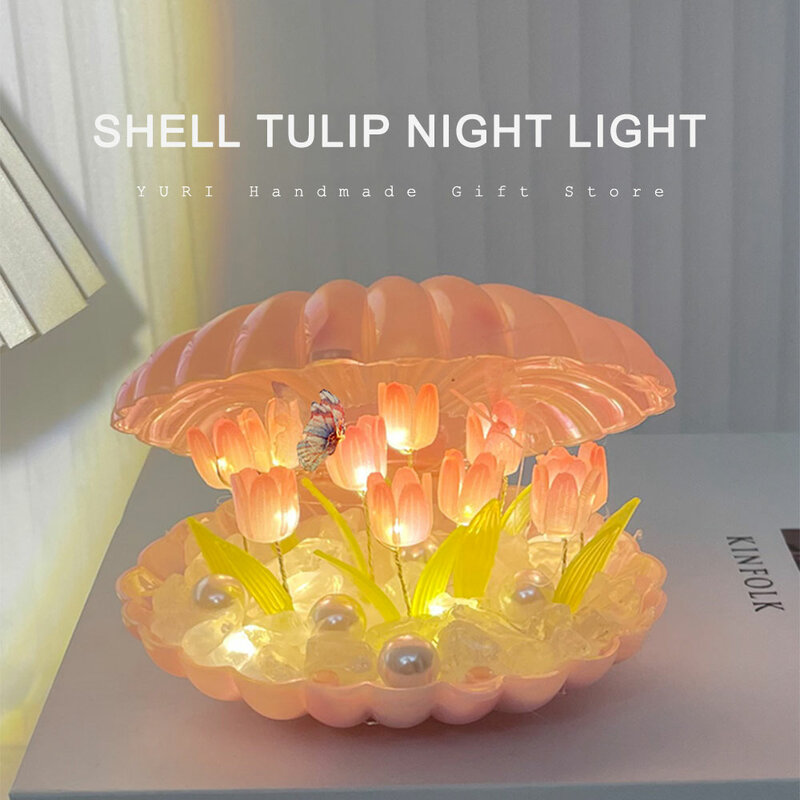 Luz nocturna de concha de tulipán hecha a mano, lámpara de Ambiente de dormitorio, adorno de decoración del hogar, regalo de cumpleaños del Día de San Valentín para niña, Material DIY