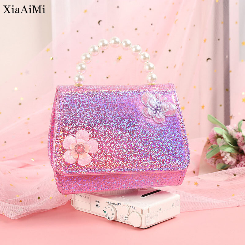 2022 New Girl Pearl Handbag Cute Children Fashion Butterfly Flower Small Bag Light Gradient Color Mobile Phone Coin Purse Bag