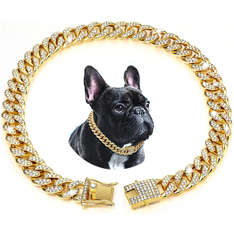 Collar de cadena de oro de lujo para perro, gargantilla de eslabones cubanos para perros pequeños, medianos y grandes, joyería para mascotas, accesorios para Collar