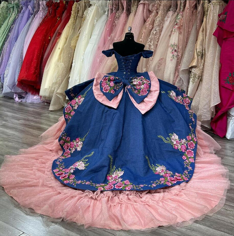 Vestido rosa quinceanera fora do ombro com arco grande para meninas, vestido floral brilhante com apliques, vestidos Charro Quinceanera, 15 anos