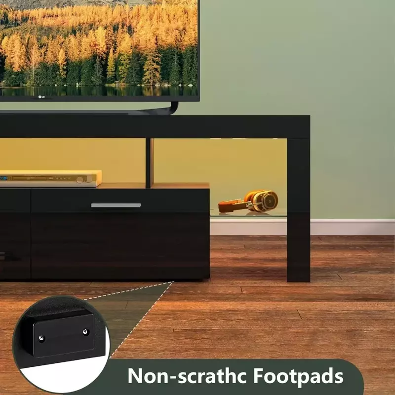 LED 63-inch TV stand with large storage drawer, black wooden TV console with high-gloss gaming entertainment center