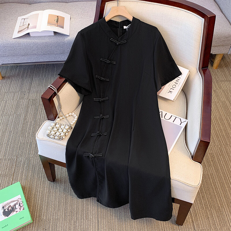 Plus size women's summer casual dress Chinese style modified cheongsam tray buckle decoration slit hem black polyester fabric