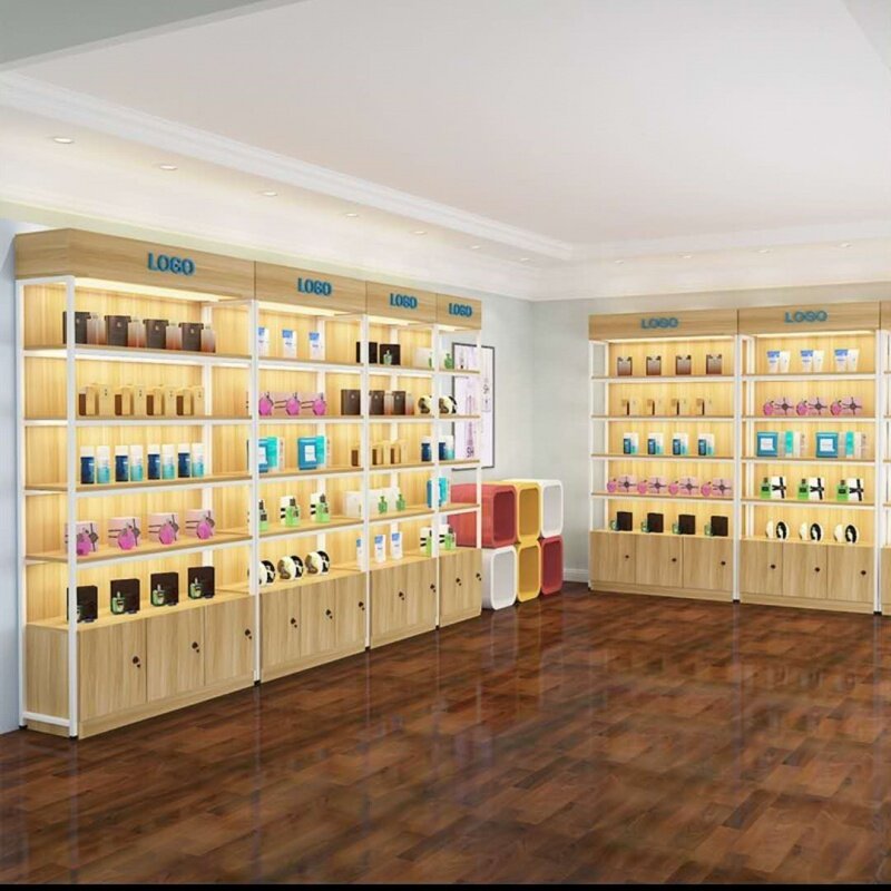 Estante de exhibición de madera personalizado con iluminación LED, estantes de pared de tienda minorista, estantes de exhibición de alta calidad para tienda minorista