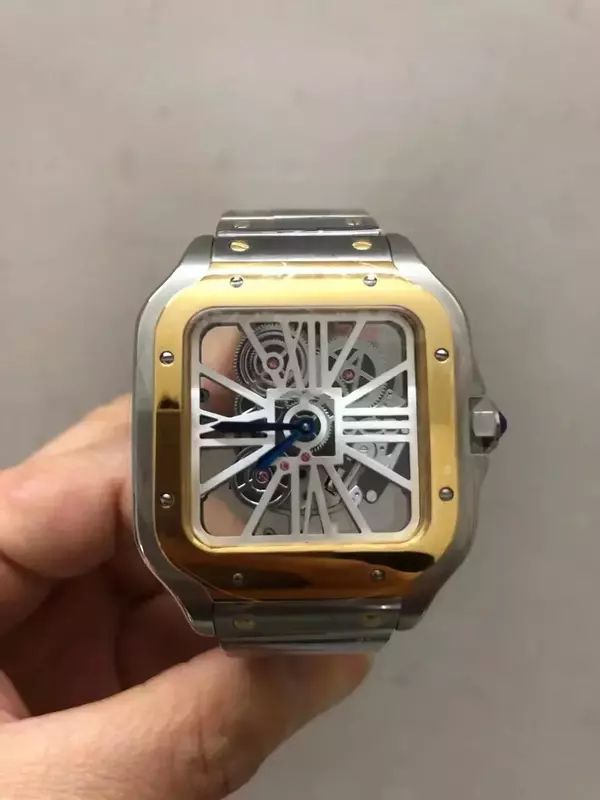 Relógio de pulso quadrado de couro masculino, relógio quartzo oco, aço inoxidável, ouro rosa, amarelo, 2023, Novo