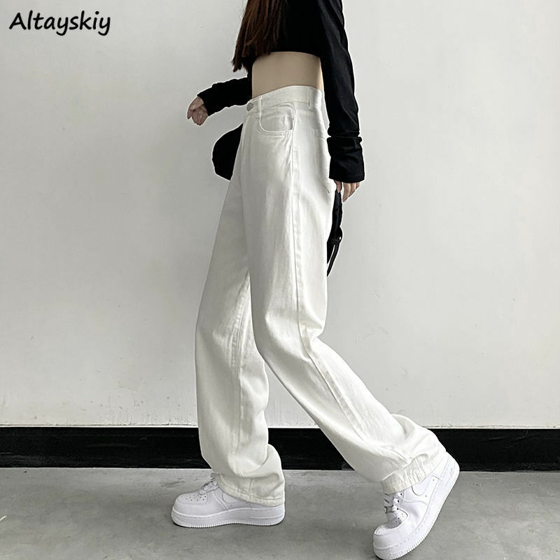 Korean Jeans Women Hot Sale Casual High Waist Solid Simple Chic New Females Straight Ins All-match Denim Trousers Vintage Retro