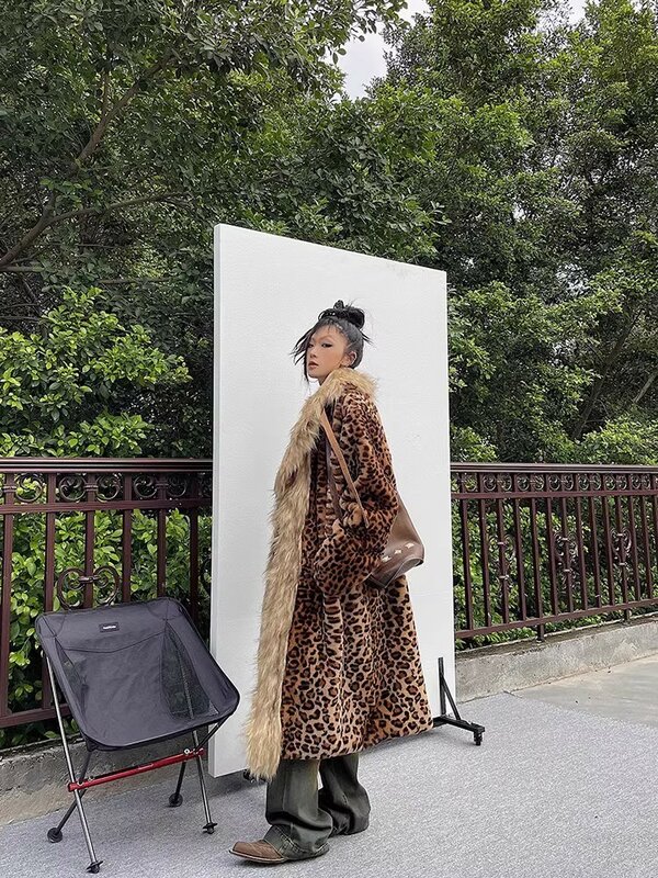 Leopard Print Plush Faux Fur Women Coat Fashion Lapel Long Sleeves Long Jacket Elegant Autumn Winter Lady High Streetwear Coats