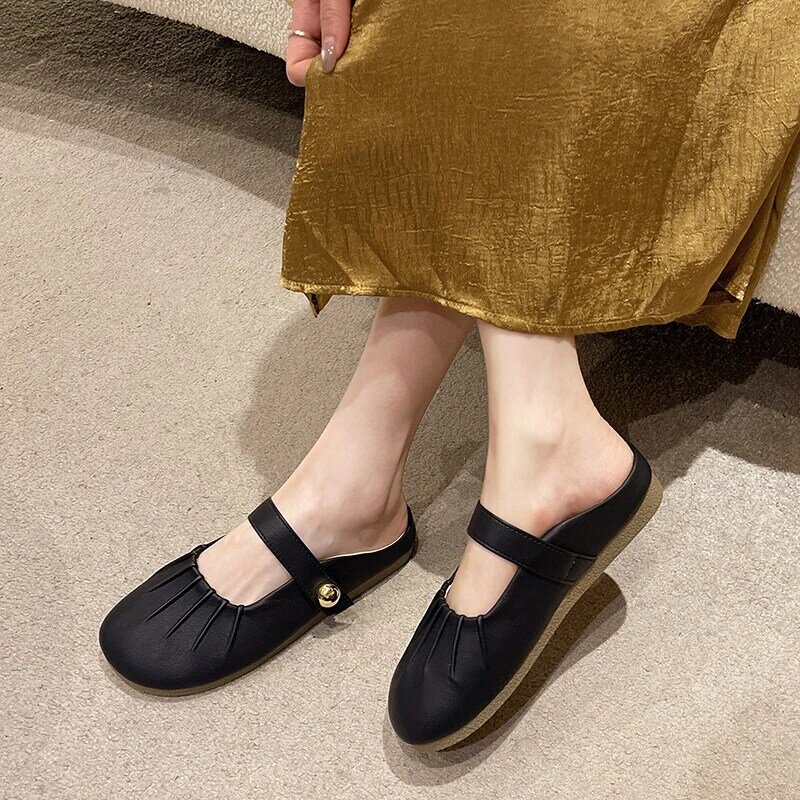 Ladies Soft soled Baotou Half Slippers for Women's Spring and Autumn Outwear 2024 New Flat Bottom Casual Female Single Shoes