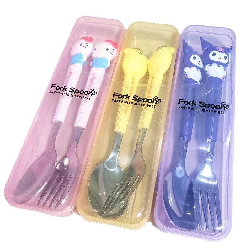 Kuromi Set 2 potong garpu sendok lucu Sanrio pompurin Hello Kitty My Melody perlengkapan makan dapur anak-anak besi tahan karat