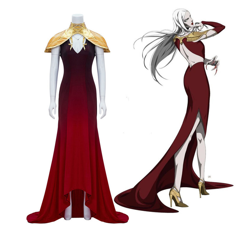 Carmilla dewasa gaun Halloween, kostum syal emas ratu vampir Gotik abad pertengahan merah gaun Halloween