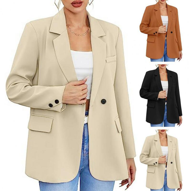 Jaket wanita warna polos, jaket kantor elegan kardigan kerah takik, Slim Fit untuk Musim Semi dan Gugur untuk bisnis