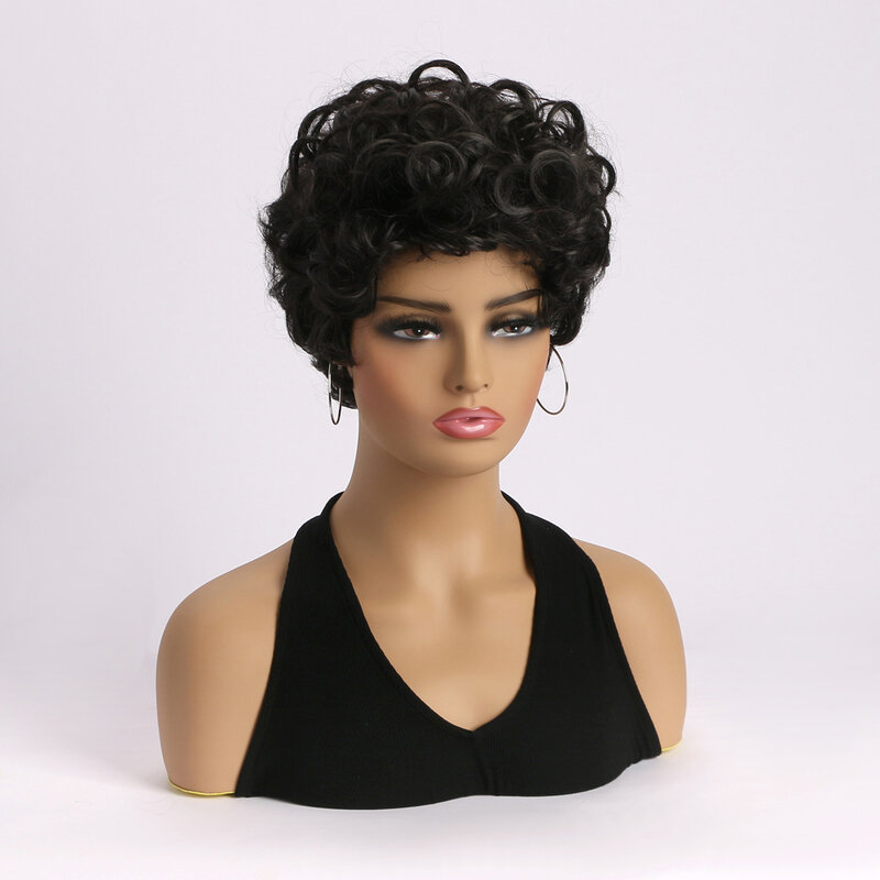 女性のための合成ショートカーリーブラックウィッグ,ピクシーカット,ブラジルのレミー,afroスキン,日常使用,偽の髪