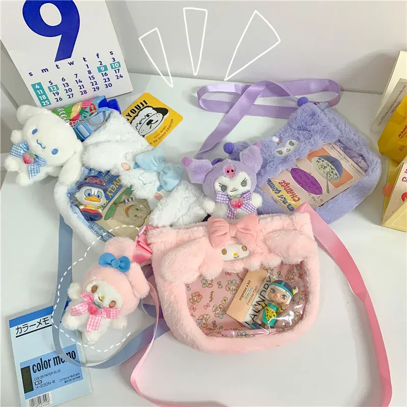 Kawaii Sanrio Plush Bags Cinnamoroll Melody Kuromi Crossbody Bag Cartoon Transparent Plushie Handbag Hello Kitty Stuffed Backpac