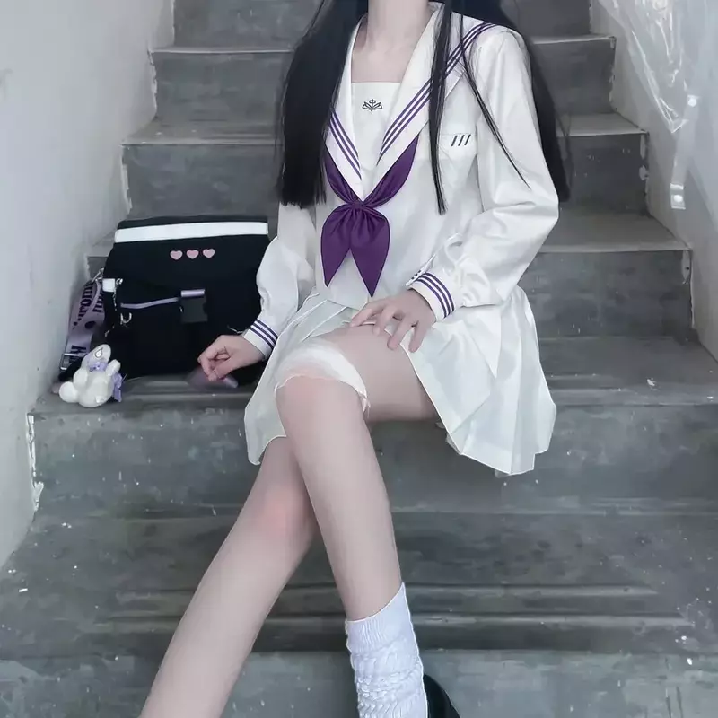 Japanische weiße Uniform Seifuku Schule Seemann Anzug lila Krawatte koreanische Student JK Uniform Seemann Bluse Cosplay Mädchen Falten rock
