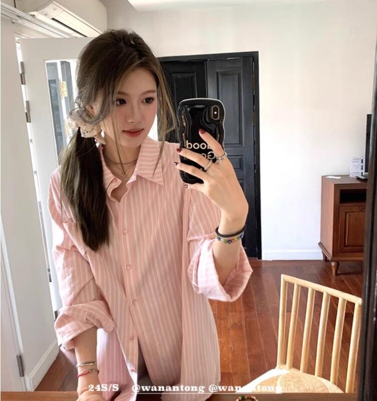 Camisa de bolso feminina de manga de ombro na moda coreana, camisas casuais soltas, blusa listra rosa, roupas femininas, novo, 2024