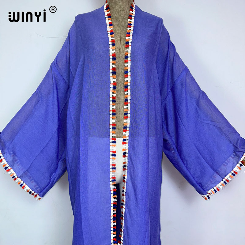 WINYI-Confortável casaco de praia monocromático boêmio para mulheres, vestido solto, vestido maxi, cobertura de férias, quimono de biquíni para festa