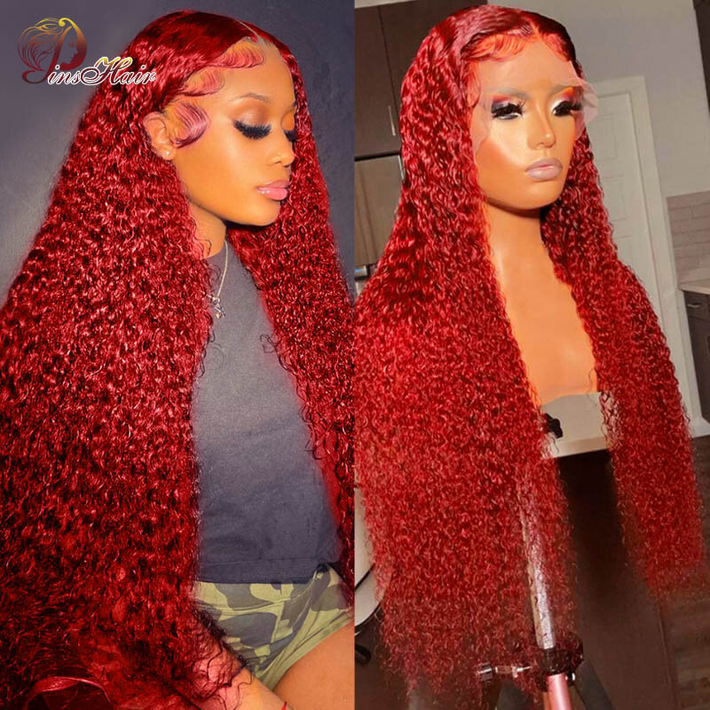99J Wig Rambut Manusia Renda Depan Merah Wig Depan Keriting Dalam Rambut Manusia untuk Wanita Wig Depan Renda Transparan Wig Merah Keriting Berwarna
