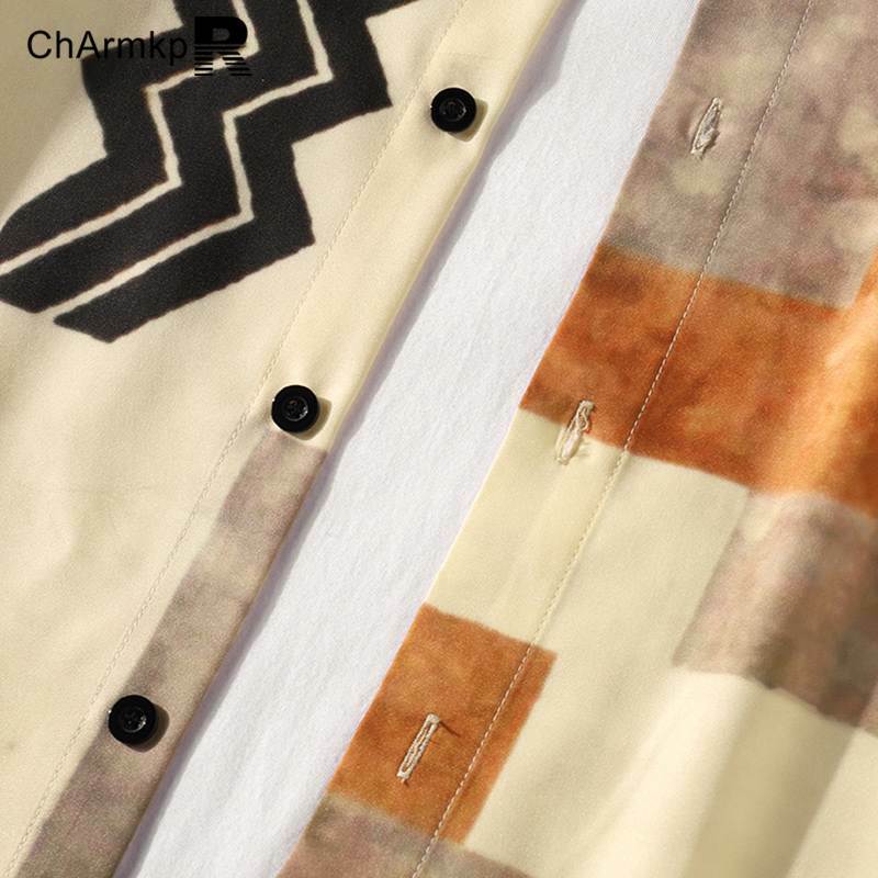 ChArmkpR 2024 camicia da uomo estate primavera geometrica Color Block risvolto Casual manica lunga top uomo abbigliamento camicia Streetwear Camisas