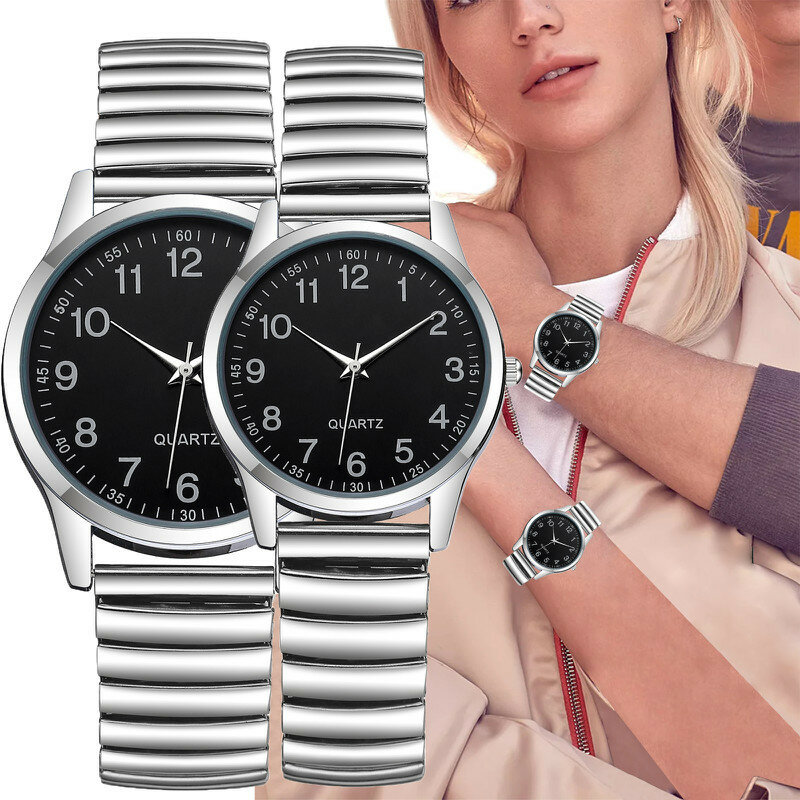 Relógios de aço inoxidável com algarismos arábicos para homens e mulheres, relógio de pulso, elástico, relógio de casal