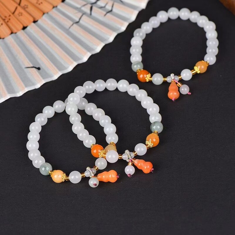 Tianshan Jade Hand Chain Natural Stone Round Beads Elastic Bangle Exquisite Womens Gemstone Bracelets Charms Jewelry Accessories