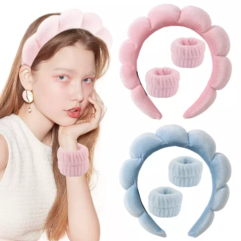 Sponge Spa Headband com pulseiras para lavar o rosto, bandana larga acolchoada, cuidados com a pele, remoção de maquiagem, chuveiro para mulheres e meninas