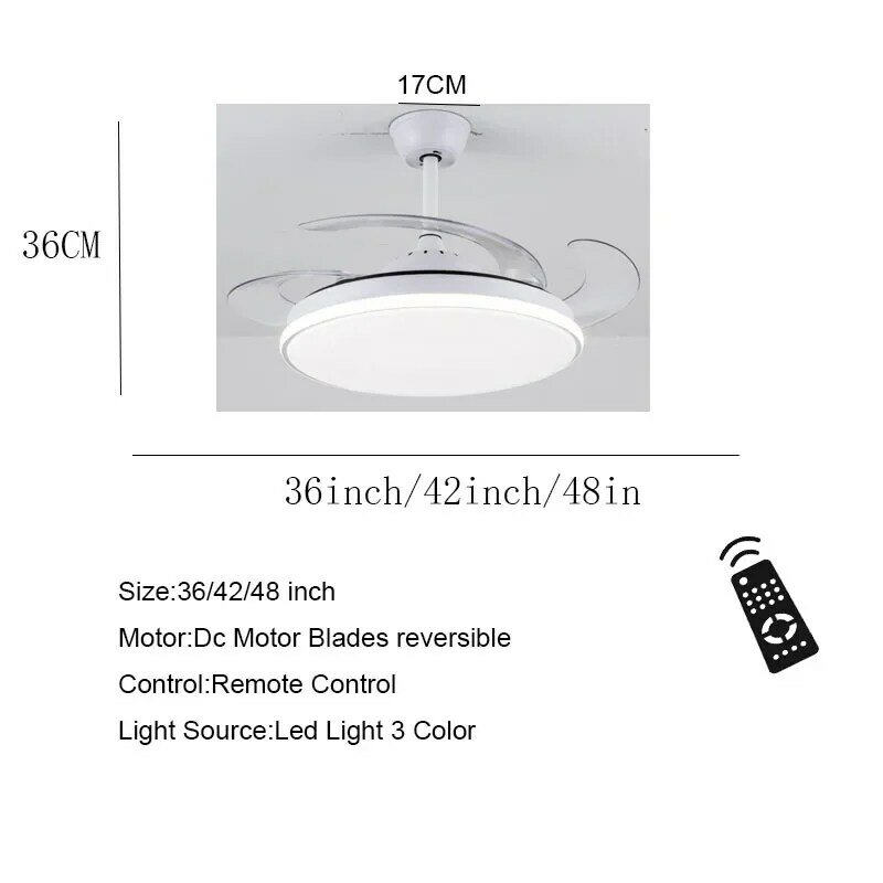 Ventiladores de teto LED com luz, controle remoto, motor DC, 36 em, 42 em, 48 em, refrigeração no verão e inverno, iluminação, 110V, 220V, 3 cores