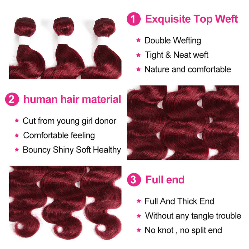 Body Wave Human Hair Bundles With Closure 99J/Burgundy Colored 3 Bundles With Closure Brazilian Remy Hair Extension Weft