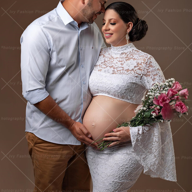 فساتين الأمومة للنساء الحوامل مثير جوفاء الدانتيل بلوزة قصيرة كبيرة سوينغ فستان الحمل صور اطلاق النار فستان