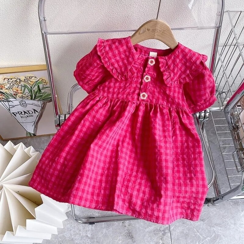 Children's Checkered Princess Dress Summer New Korean Edition Baby Girl Doll Neck Short Sleeve Dress