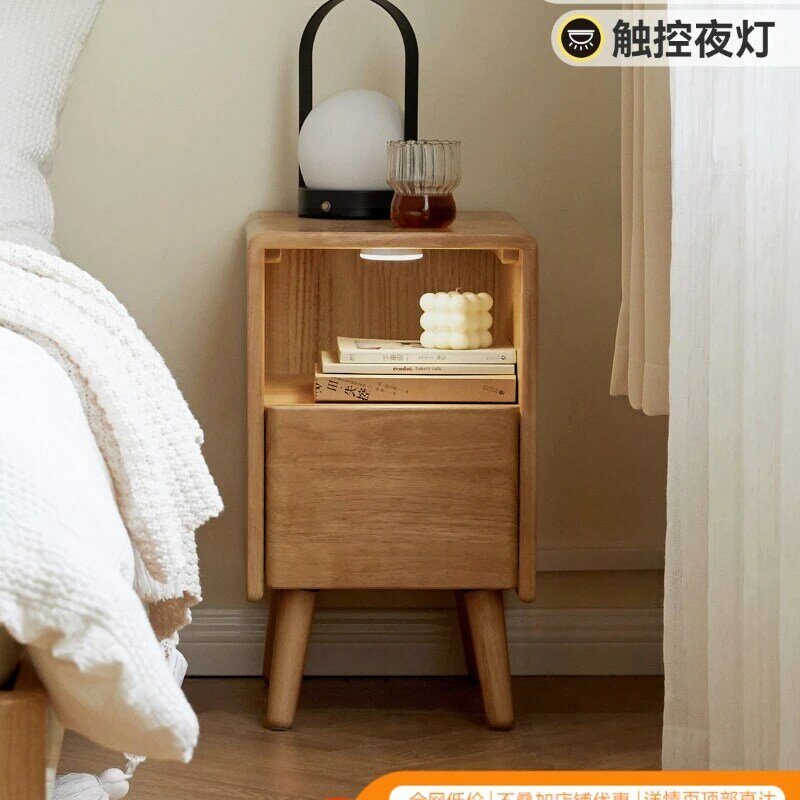 Mesita de noche de madera maciza, armario de noche minimalista moderno, pequeño, con viento, soporte ultraestrecho para dormitorio