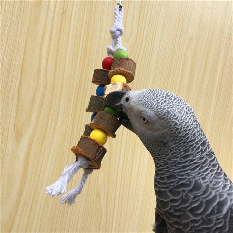 鳥かごの形をした天然の木製のオウムのおもちゃ,カラフルなおもちゃ,2つのロープ