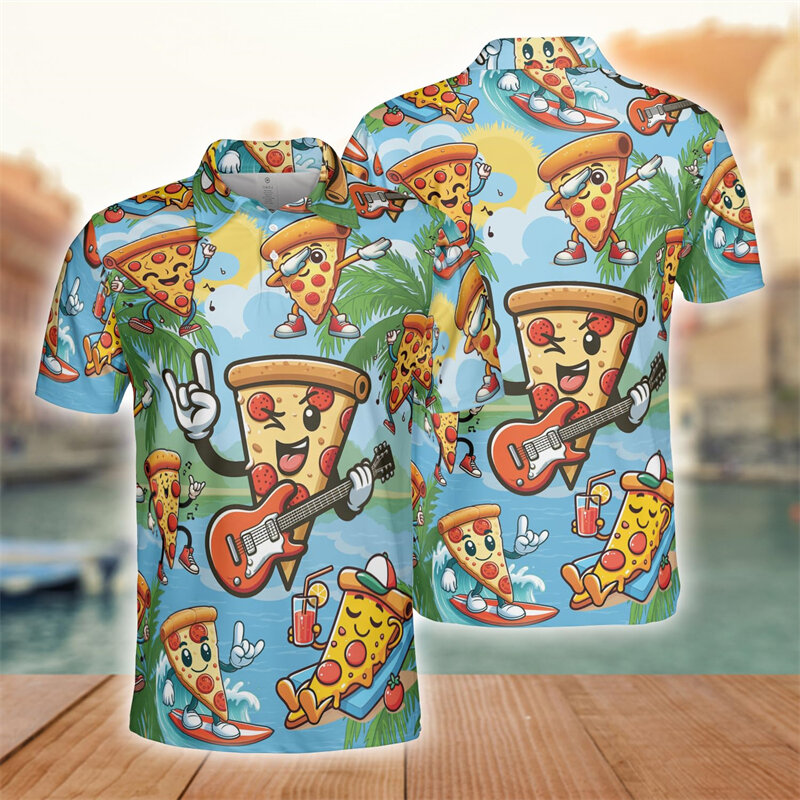 Polo con estampado 3D de Pizza para hombre, camiseta de manga corta con diseño de animales, estilo Harajuku, Hawaiano, para vacaciones y playa