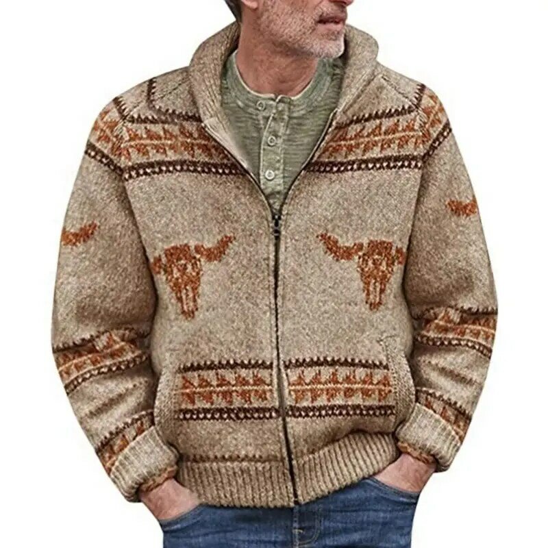 สเวตเตอร์ถักมีซิปหัววัวสำหรับผู้ชายใหม่เสื้อโค้ทผ้าแจ็คการ์ดแบบเข็มหยาบสำหรับฤดูใบไม้ร่วงและฤดูหนาว