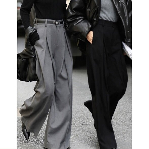 Длинные Костюмные брюки, повседневные брюки с широкими штанинами для женщин на весну и осень 2024, черные брюки-карго для женщин