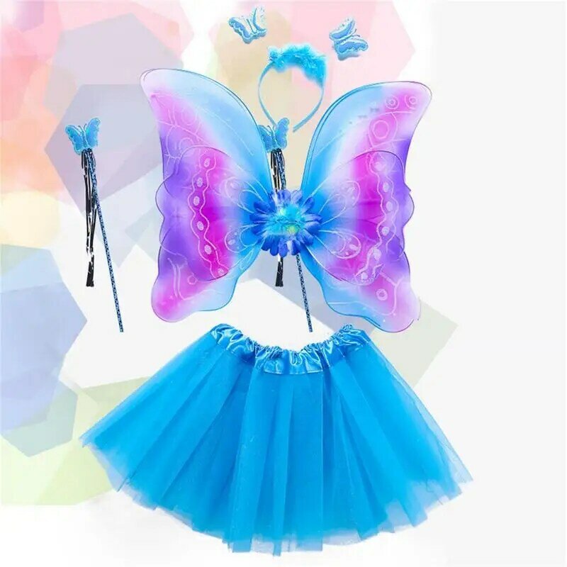 Exquisito conjunto de ropa de fiesta para niñas, traje de hada con alas de mariposa, falda, varita y tocado para fiesta de cumpleaños