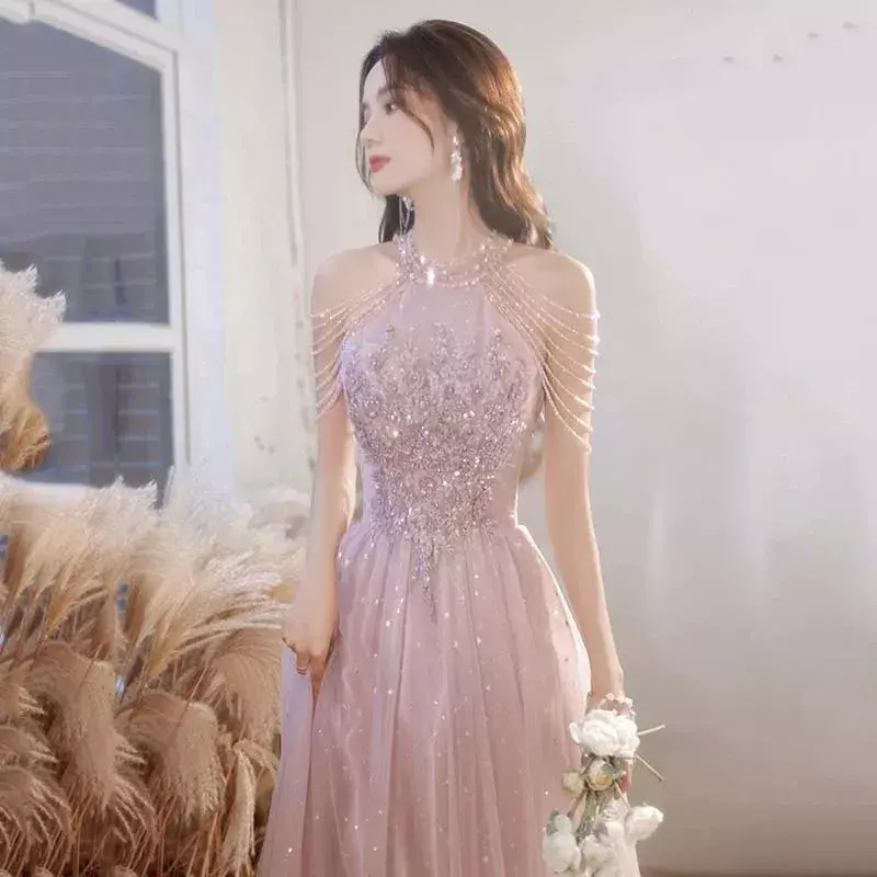 Gaun Prom gaya putri untuk wanita rok tanpa lengan Halter Solid rumbai manik-manik gaun pesta wanita elegan Vestidos wanita