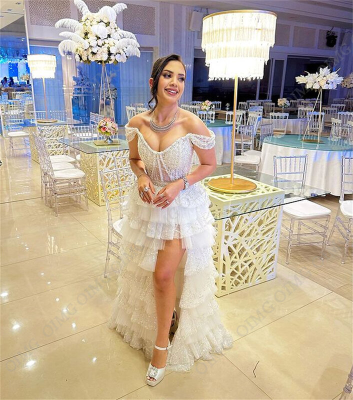 OIMG-Vintage Glitter Tulle Tiered Vestidos De Casamento, Brilhante A Linha Vestidos, Fora Do Ombro, Formal Prom, Vestido De Noiva
