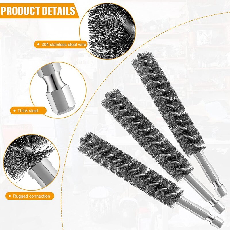 2X Stainless Steel Bore Brush Wire Brush For Power Drill Cleaning Wire Brush Stainless Steel Brush With Hex Shank Handle