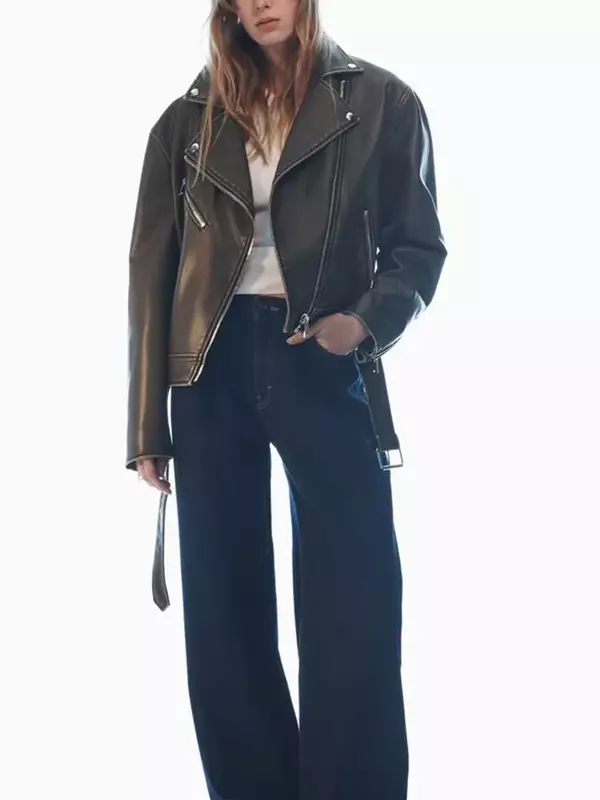 Frauen neue Mode Kunstleder Jacke Mantel Vintage Langarm Reiß verschluss weibliche Oberbekleidung Chic Overs hirt